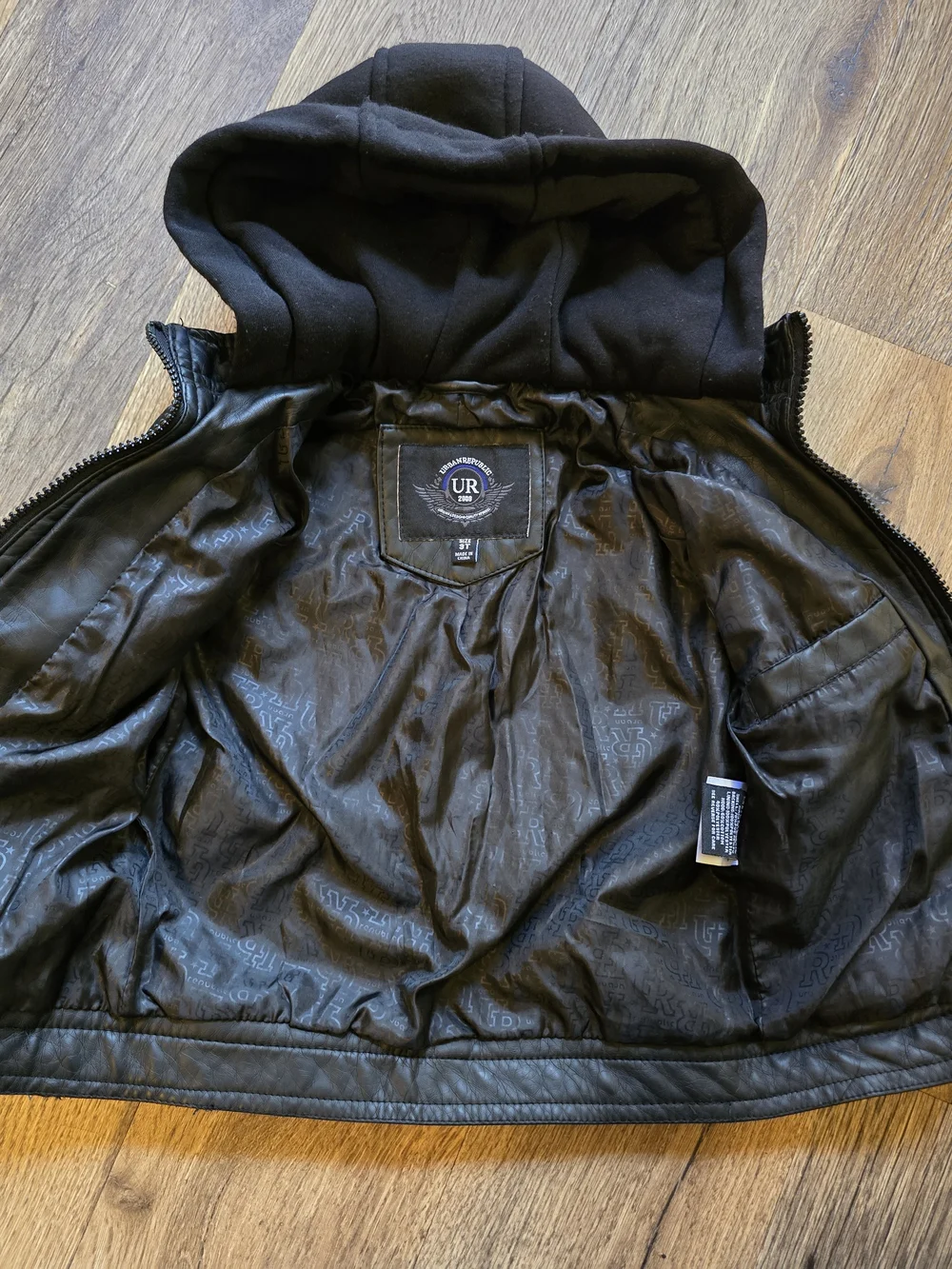 Urban Republic Black Faux Leather Hooded Jacket for Kids - Zipper Front